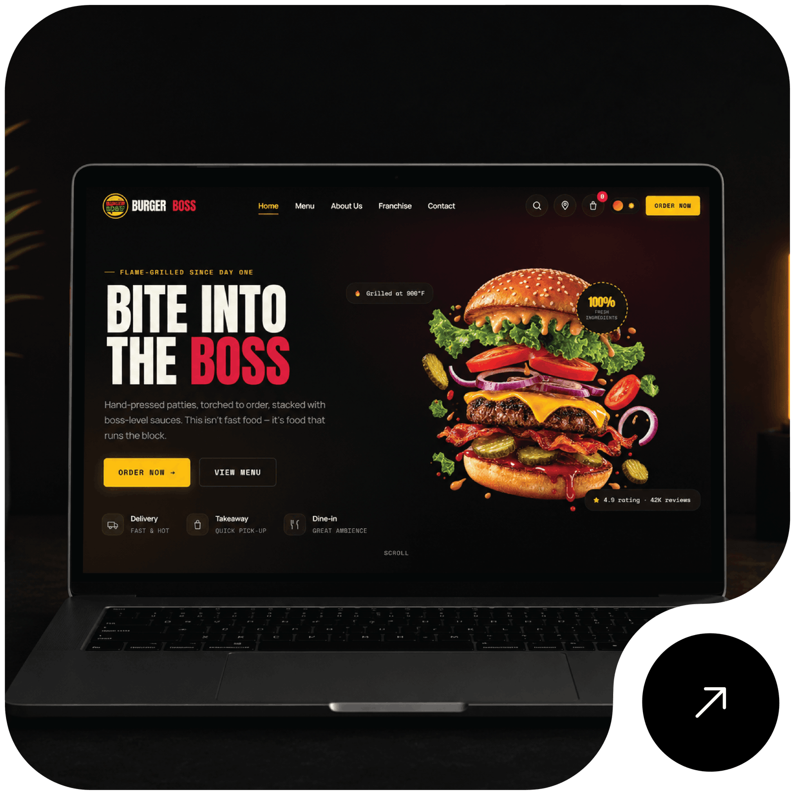 Burger Boss restaurant website design shown on a laptop