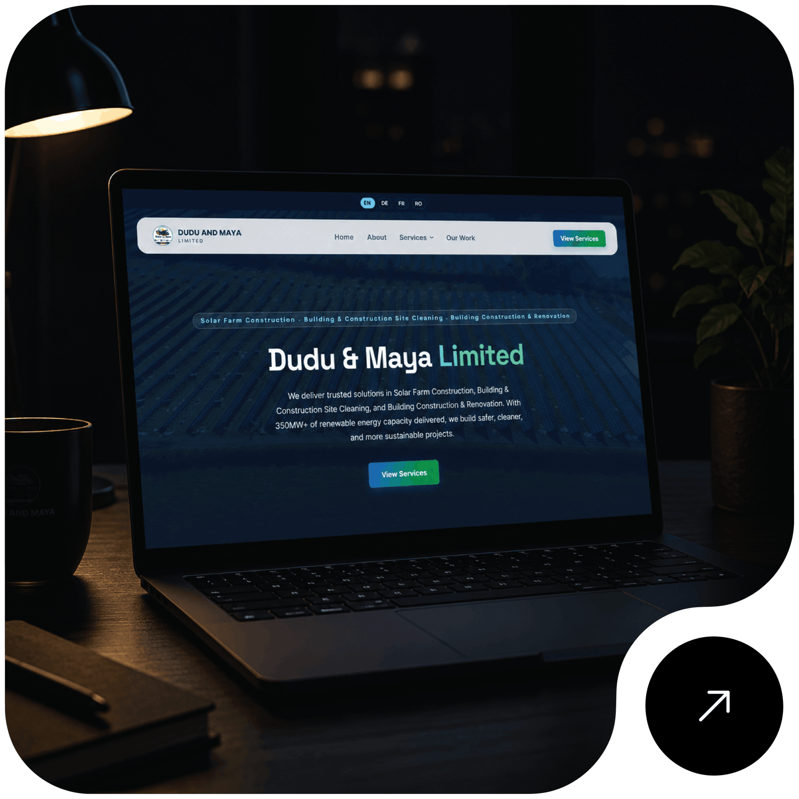 Dudu and Maya Limited construction and solar website shown on a laptop