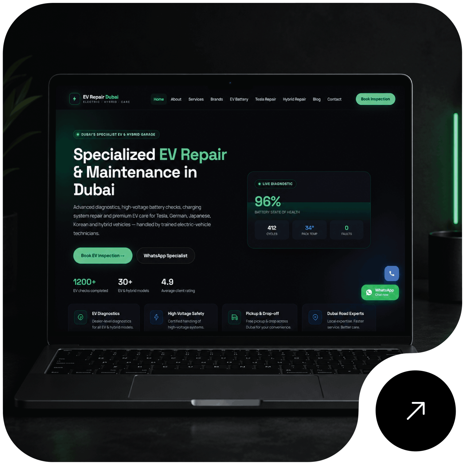EV Repair Dubai website shown on a laptop